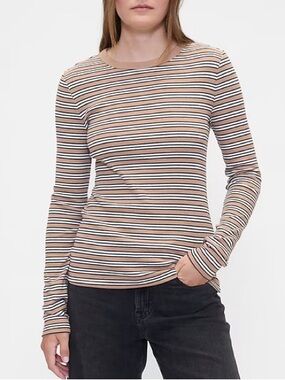 GAP Tan Stripe Essential Ribbed Crewneck T-Shirt